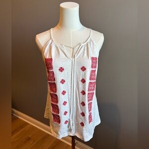 Solitaire White Tassel Tank Top With Red Cross-Stitch Embroidery